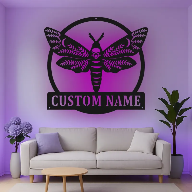 Décoration murale en métal personnalisée avec crâne de papillon et rétroéclairage LED - Cadeau gothique unique pour la chambre ou le salon