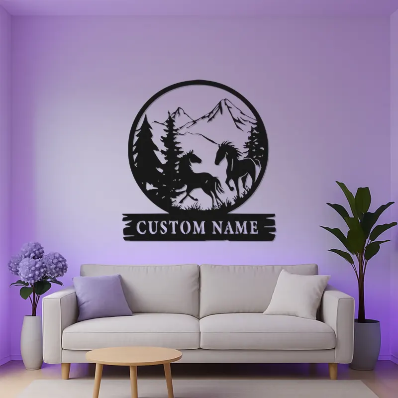 Insegna in metallo personalizzata con LED per cavallo | Arte murale per ranch personalizzata | Decorazione montana con cavalli in corsa per cabin e casa