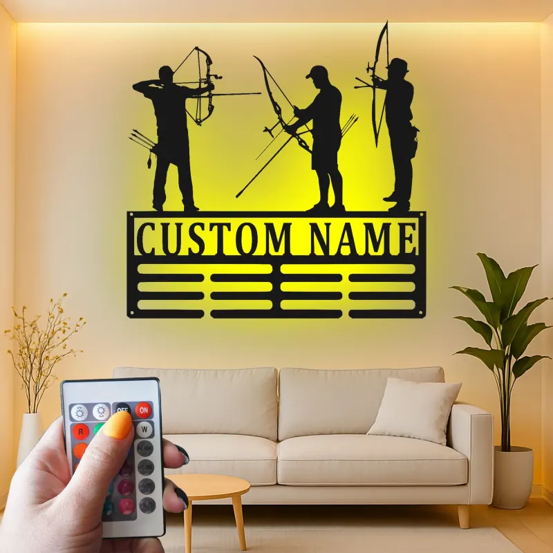 Cartel de metal personalizado con silueta de arquería y luz LED, regalo personalizado para arqueros, decoración para sala de juegos o man cave