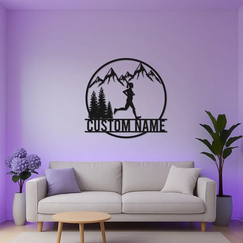 Cartel LED de corredora de montaña femenina | Arte de metal personalizado de montaña | Regalo personalizado para corredores y atletas