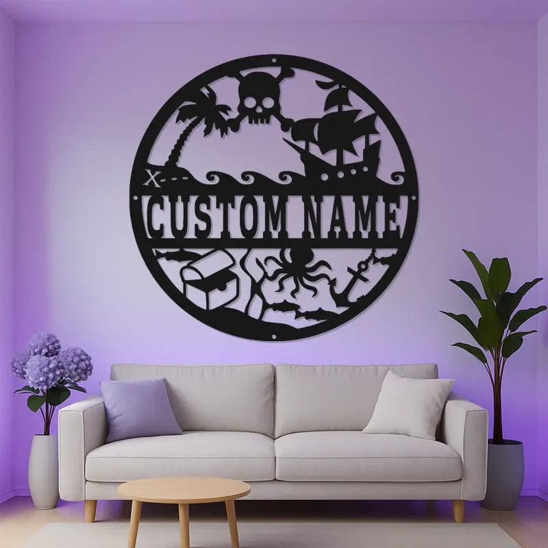 Personalized Pirate Ship Sign | Custom Name LED Metal Wall Art | Nautical Nursery Decor for Kids Room | Skull & Octopus Treasure Art