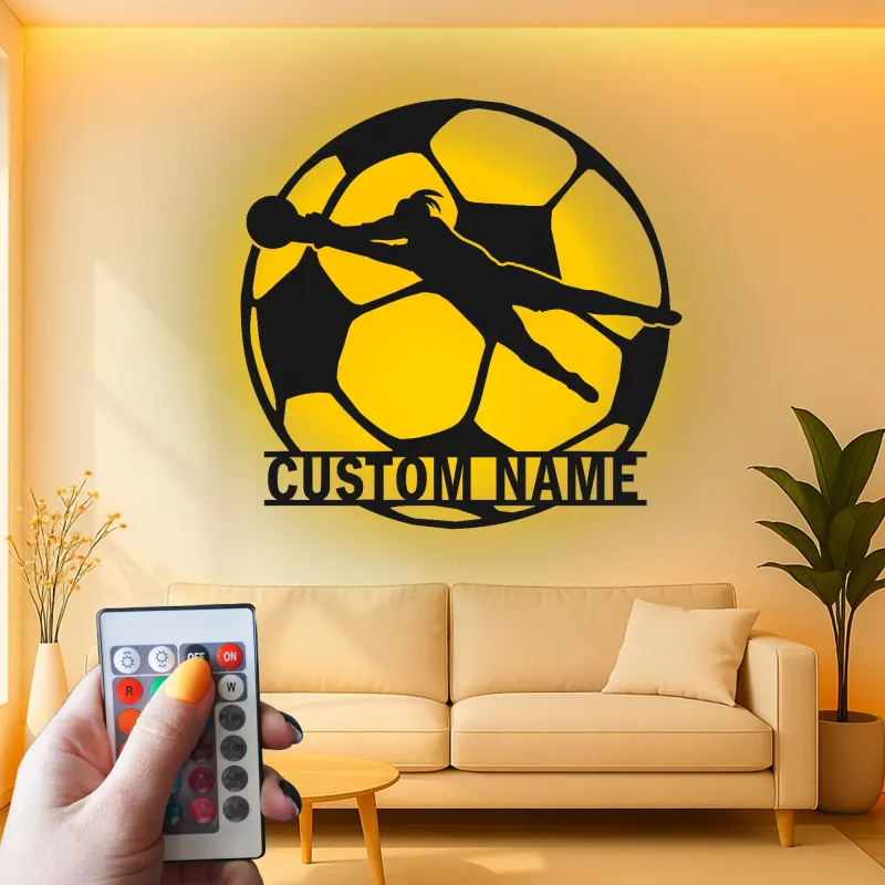 Letrero metálico personalizado de portero | Arte mural LED de fútbol | Decoración con nombre del jugador para habitación infantil | Regalo deportivo moderno