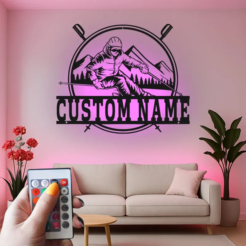 Personalisierte LED-beleuchtete Metall-Wandkunst für Skifahrer – Einzigartiges Geschenk für Ski-Enthusiasten im Berg-Lodge-Dekor
