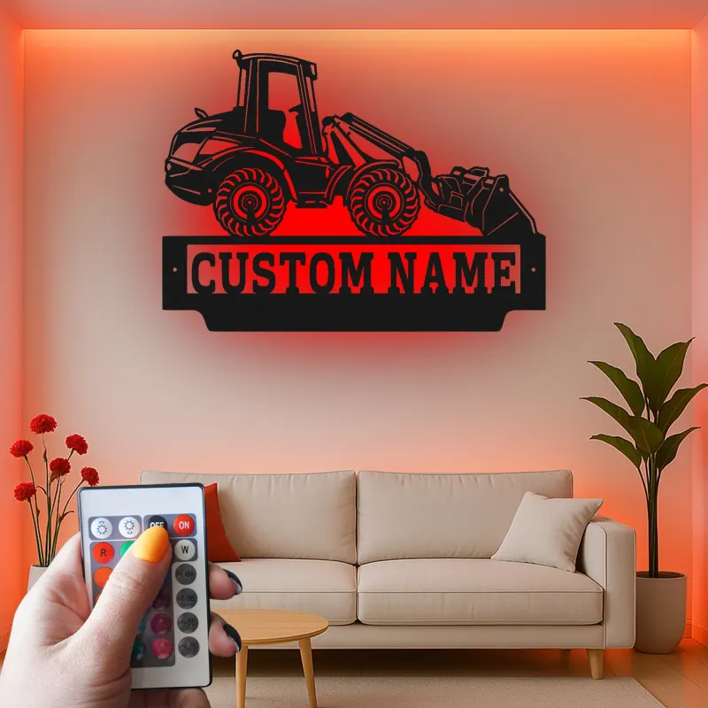 Cartel de metal personalizado de tractor | Decoración mural LED personalizada de cargadora frontal | Regalo para trabajador de la construcción para el garaje | Decoración de maquinaria pesada