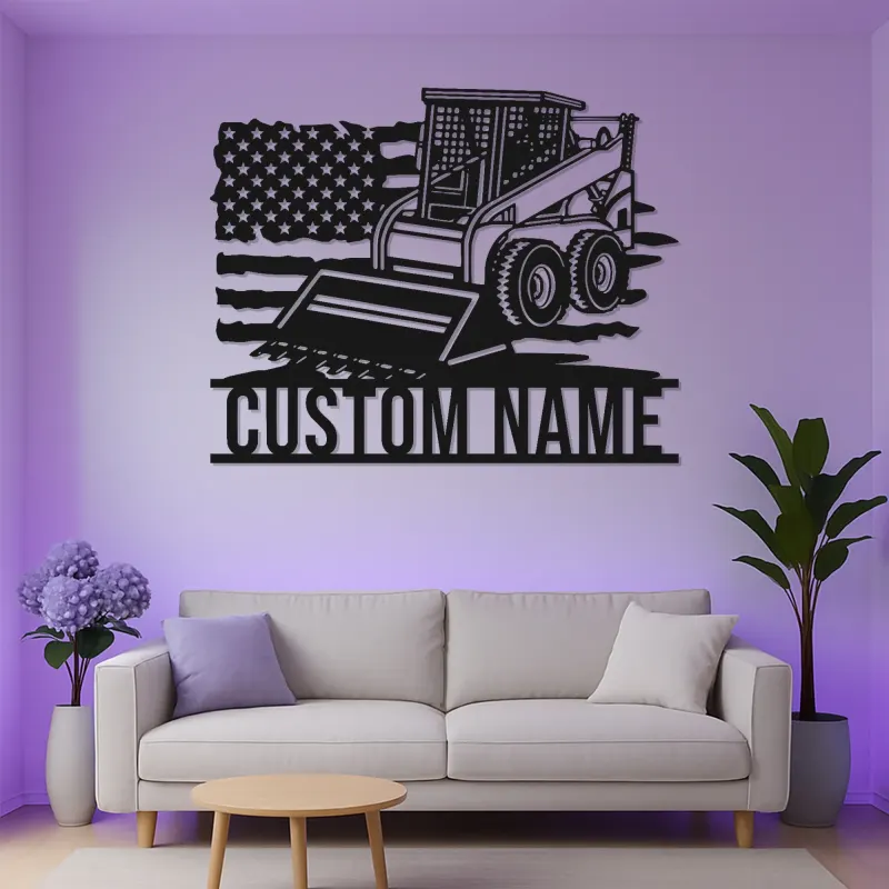 Skid Steer Loader Metalltafel | Personalisierte LED-Wandkunst | Individuelle Dekoration für Baumaschinen | Garage & Werkstatt-Schild mit USA-Flagge