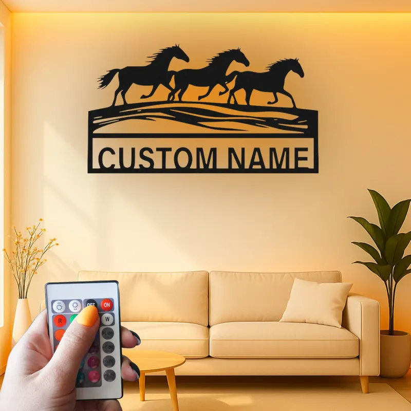 Running Horses Metal Wall Art | Custom LED Name Sign | Personalized Farmhouse & Ranch Decor for Horse Lovers