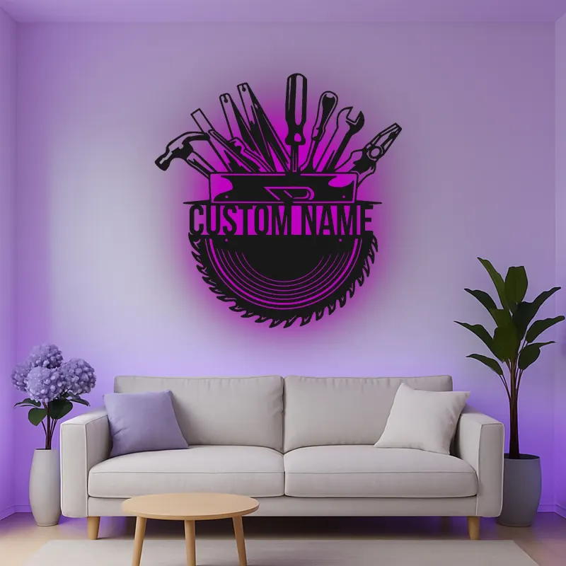 Décoration murale en métal personnalisée avec rétroéclairage LED pour boîte à outils - Cadeau pour bricoleur, décoration de garage et d'atelier