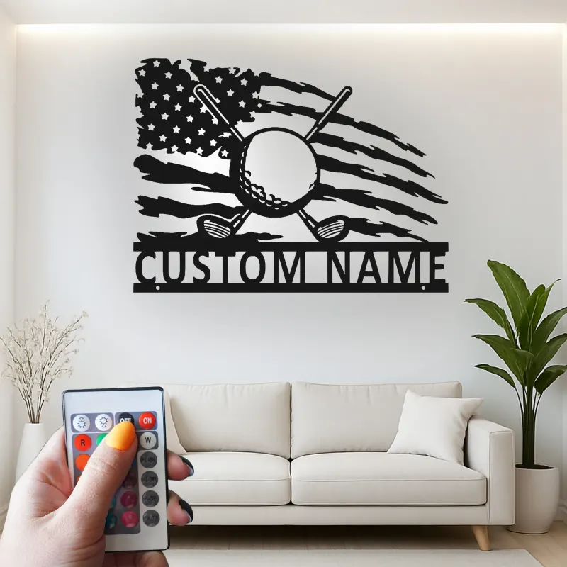 Personalized Golf Sign with LED | Custom Metal Wall Art for Man Cave | Patriotic Golfer Gift for Him | American Flag Sports Decor
