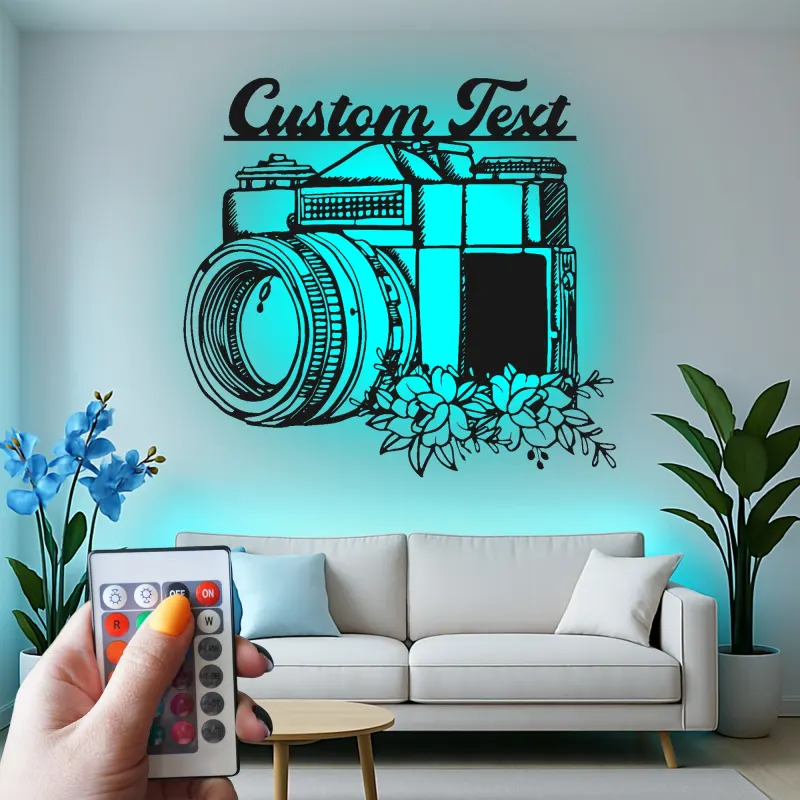 Custom Camera Led Light Metal Wall Art Personalized Photographer Gift Studio or Office Decor