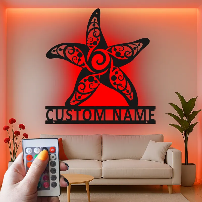 Art mural en métal étoile de mer avec rétroéclairage LED | Panneau de nom personnalisé pour décor côtier | Cadeau de maison de plage nautique sur mesure et signalétique d'entreprise