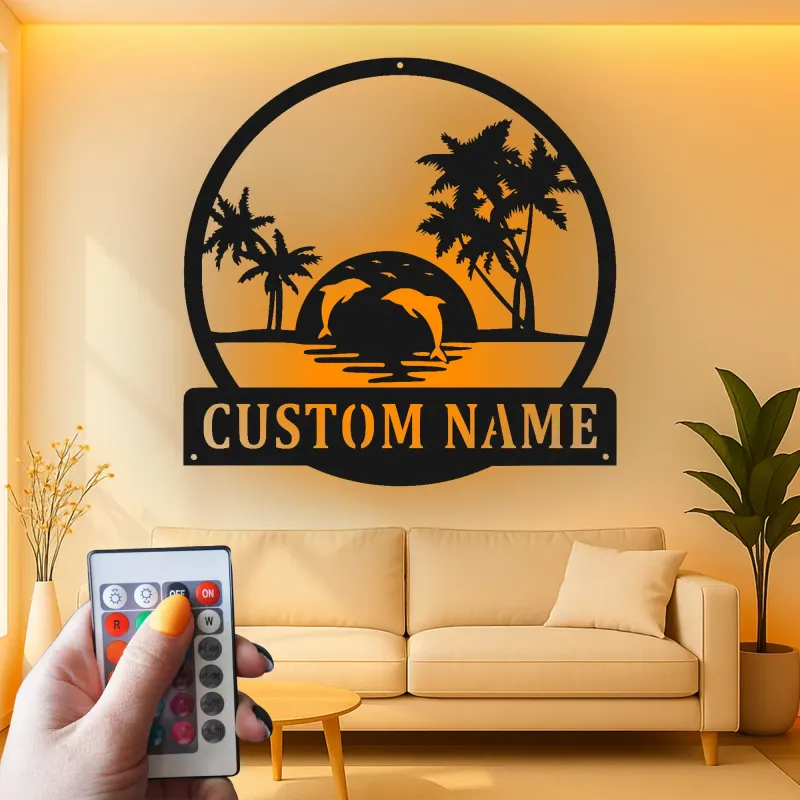 Custom Tropical Sunset with Dolphins Led Light Metal Wall Art Personalized Beach Lover Gift Coastal Living Room Decor