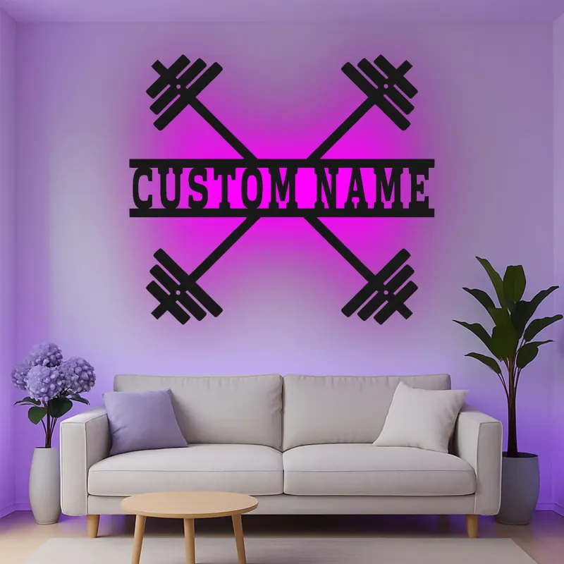 Insegna in metallo personalizzata con bilanciere e luce LED regalo per appassionati di fitness decorazione per home gym