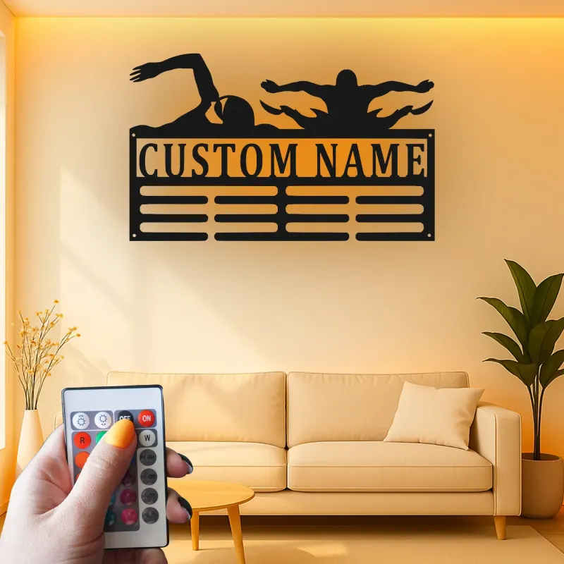 Décoration murale en métal personnalisée Nageur avec Rétroéclairage Cadeau pour Athlètes Décoration de Salle de Sport