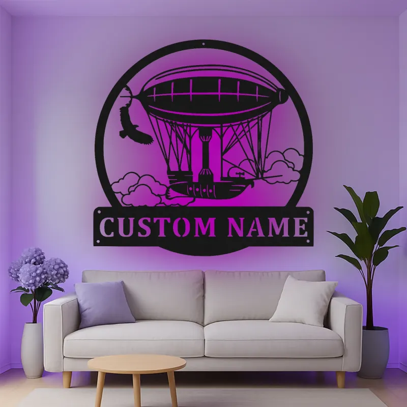 Personalisierte LED-beleuchtete Metall-Wandkunst mit Luftschiff – Steampunk Geschenk für Ihn für Büro oder Arbeitszimmer