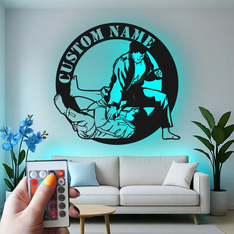 Panneau en métal LED BJJ personnalisé | Art mural de jiu-jitsu personnalisé | Décor de dojo d'arts martiaux | Cadeau de grappling pour lui
