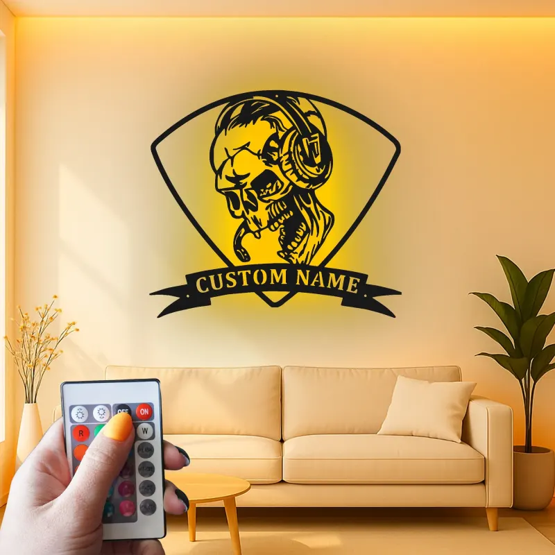 Gamer Skull LED Metal Wall Art | Personalized Name Sign for Gaming Room | Custom RGB Backlit Decor | Gift for Gamers