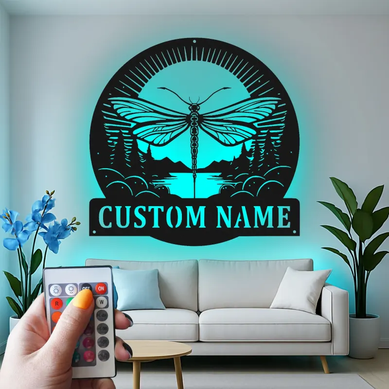 Cartel de metal personalizado con luz LED de libélula Regalo para amantes de la naturaleza Decoración para dormitorio o salón 3