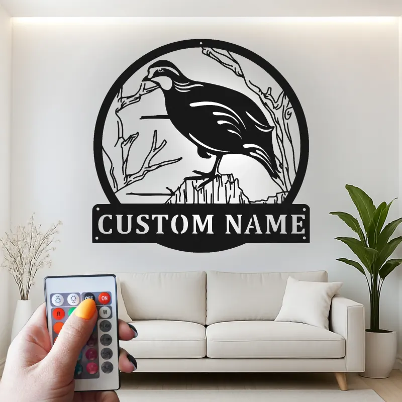 Cartel de metal personalizado de codorniz de California | Arte mural iluminado con LED de vida silvestre | Decoración personalizada para cabañas | Regalo rústico para el hogar