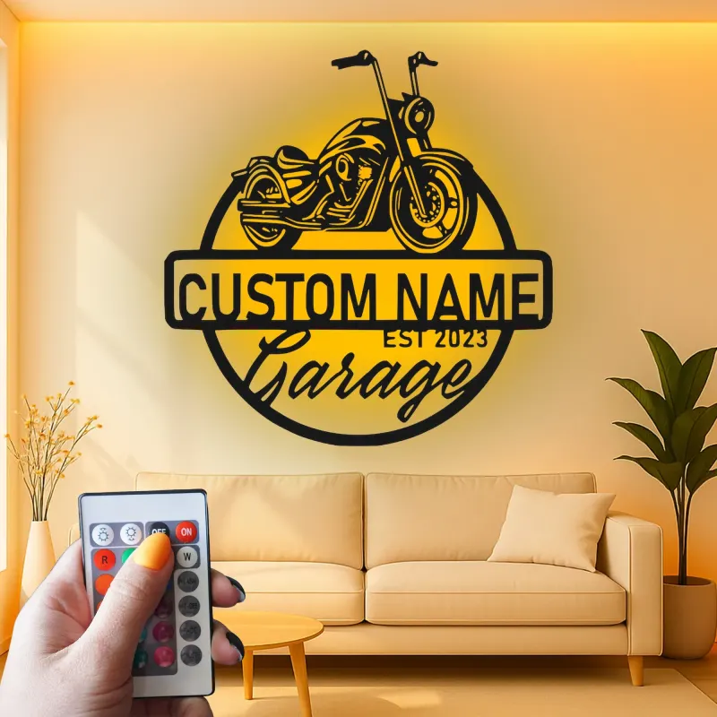 Panneau LED Moto Personnalisé | Décor Garage Biker Personnalisé | Art Mural Métallique pour Man Cave | Cadeau pour Lui