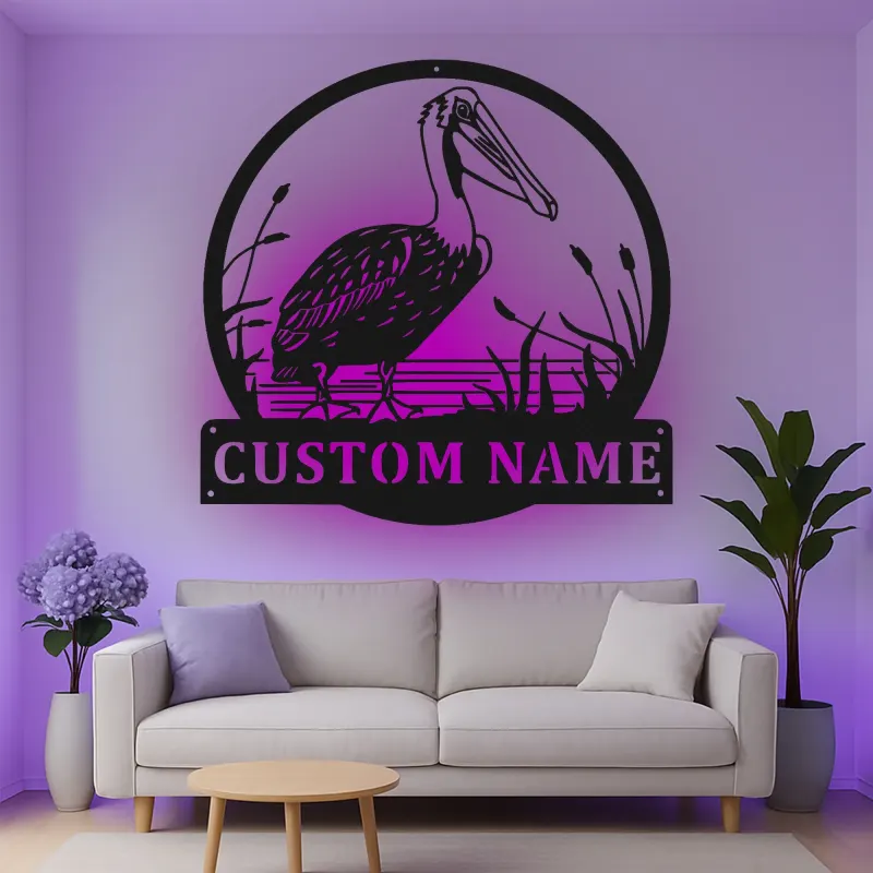Décoration murale en métal LED personnalisée avec pélican - Cadeau côtier pour amoureux de la nature