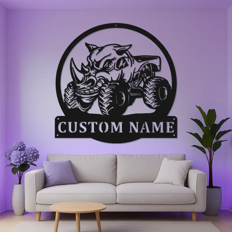 Custom Rhino Monster Truck Sign | Personalized LED Metal Wall Art | Boys Room Decor & Off-Road Gift