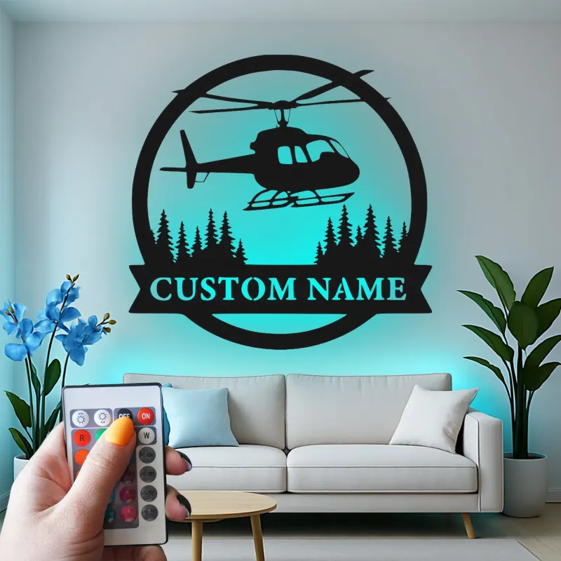 Personalized Helicopter Metal Wall Art | LED Lighted Aviation Decor | Custom Name Sign for Pilot Gift, Office & Man Cave