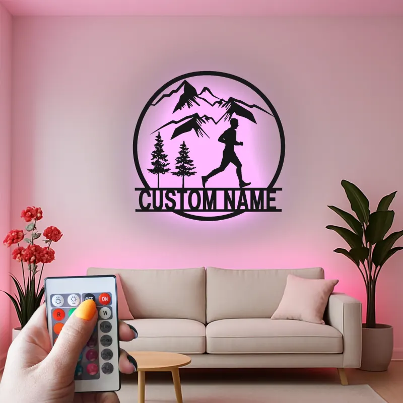 Custom Trail Runner Metal Art | Personalized LED Sign for Mountain Runner | Hiking & Outdoor Wall Decor Gift