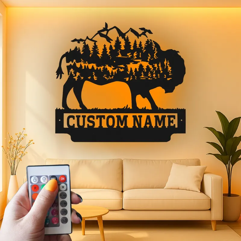 Insegna in metallo LED personalizzata con bufalo e wilderness - Regalo per amanti della natura, decorazione per cabin rustica