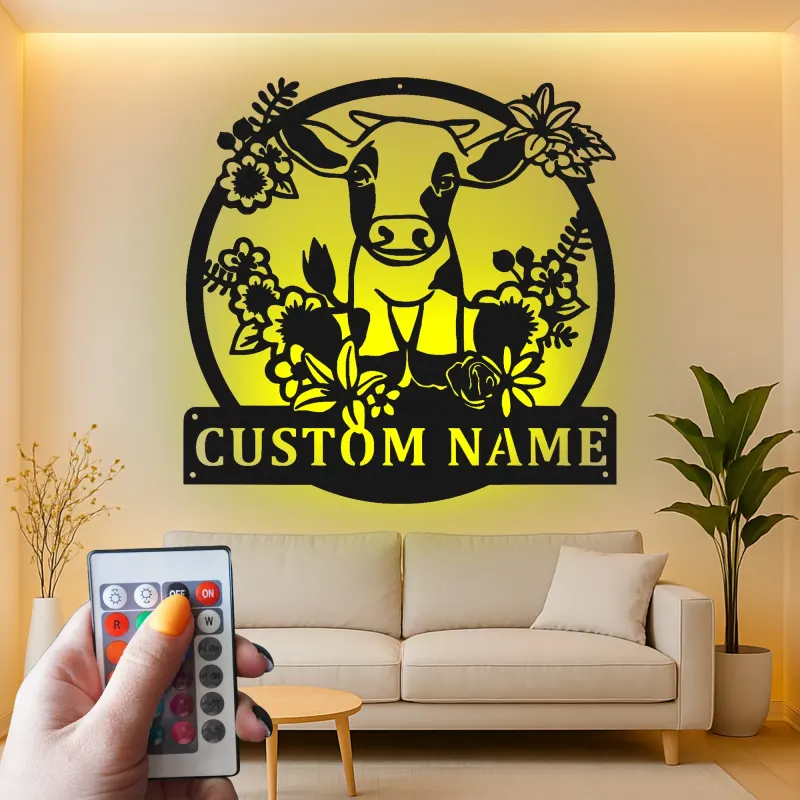 Insegna in metallo LED personalizzata con mucca e fiori - Regalo per fattoria - Decorazione rustica per cucina