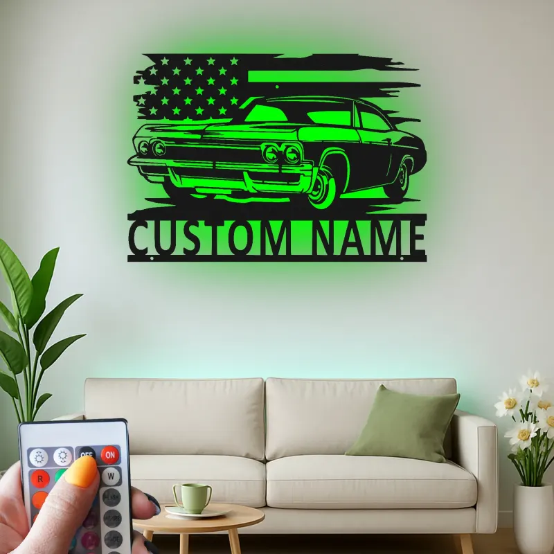 Décoration murale en métal personnalisée de voiture classique avec rétroéclairage LED - Cadeau pour passionnés de voitures - Décor de garage ou de man cave 1