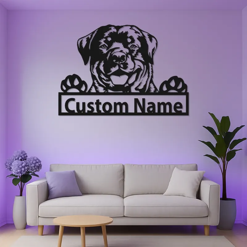 Insegna in metallo personalizzata con Rottweiler | Insegna con nome del cane con luce LED | Regalo per amanti degli animali e decorazione moderna per la casa