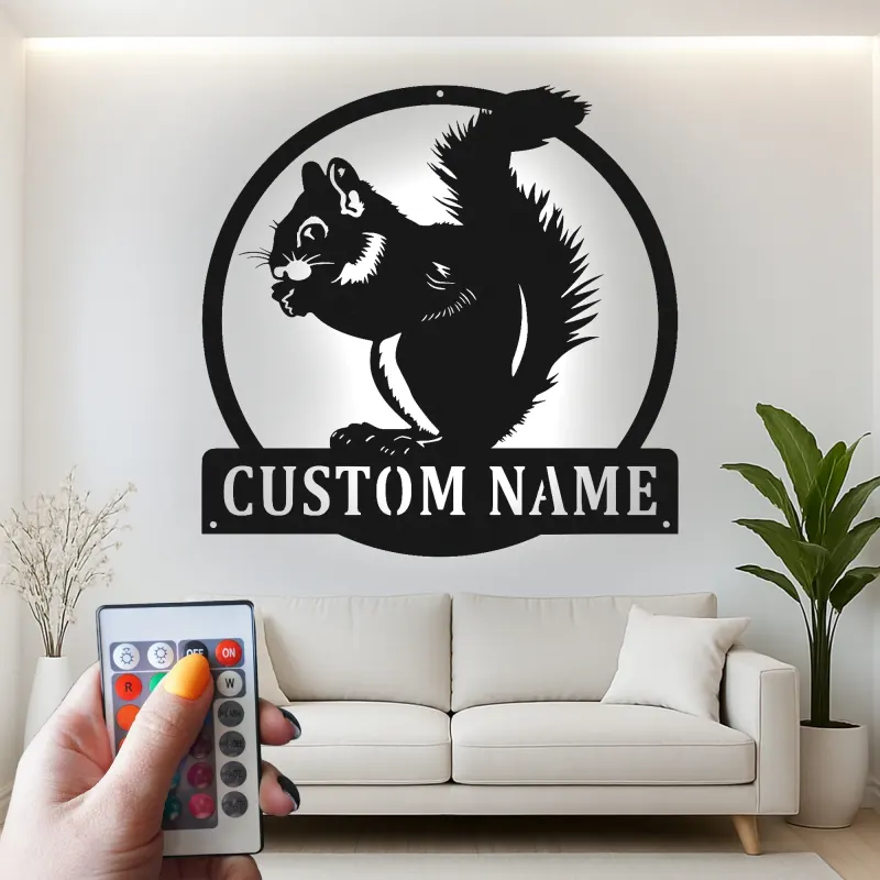 Cartel de metal personalizado de ardilla | Arte de vida silvestre iluminado con LED | Decoración de cabaña personalizada para amantes de la naturaleza