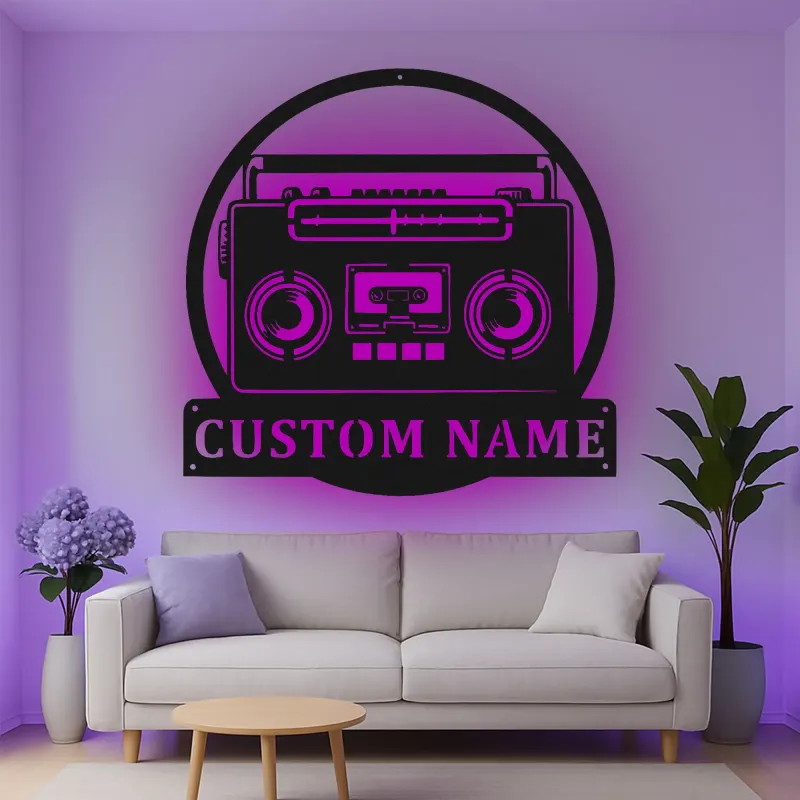 Cartel de metal personalizado con luz LED de boombox, regalo para amantes de la música, decoración retro para sala de juegos
