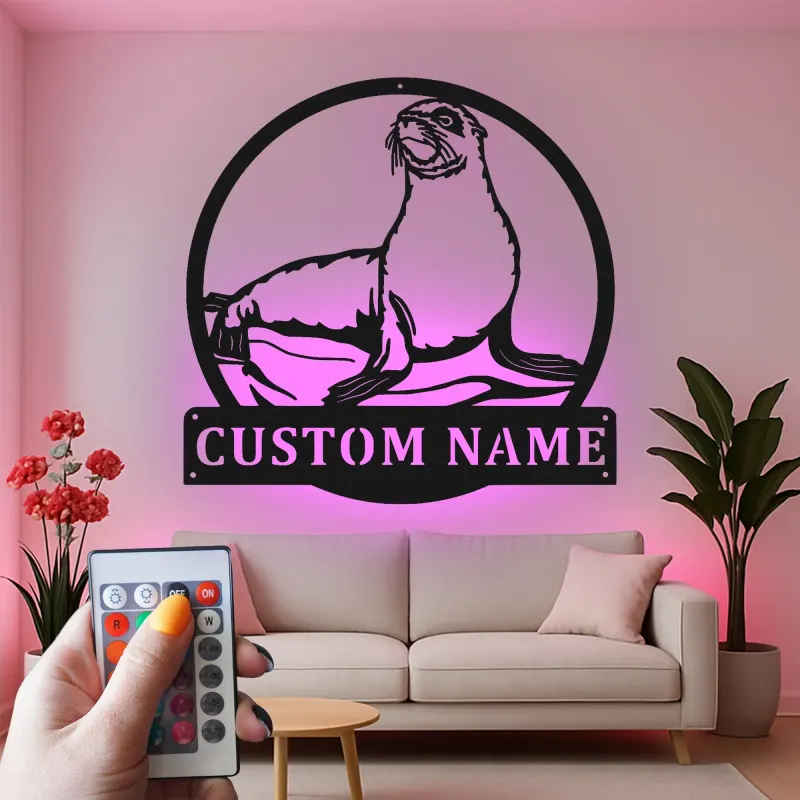 Custom Sea Lion Metal Wall Art | LED Light Nautical Decor | Personalized Ocean Lover Gift | Marine Life Name Sign