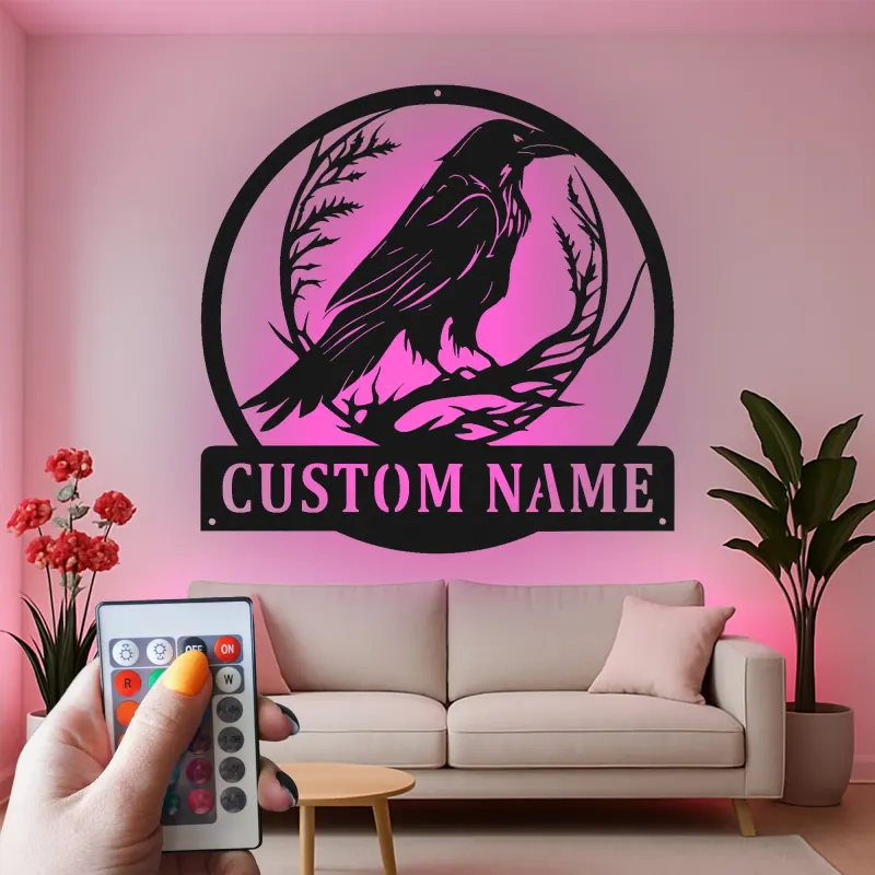 Personalisierte LED-Raben-Schild | Individuelle Gothic-Vogel-Metall-Wandkunst | Geschenk für Naturfreunde für Zuhause oder Büro
