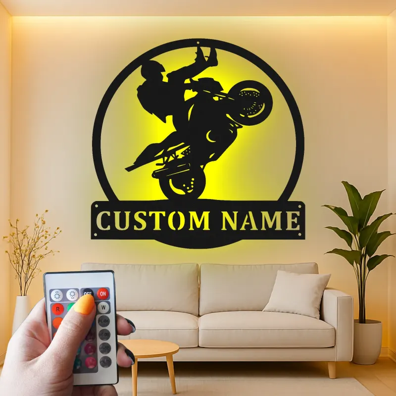 Insegna Wheelie Moto Personalizzata | Arte Murale in Metallo LED per Garage | Targa Nome Personalizzata per Biker | Regalo Stunt Rider