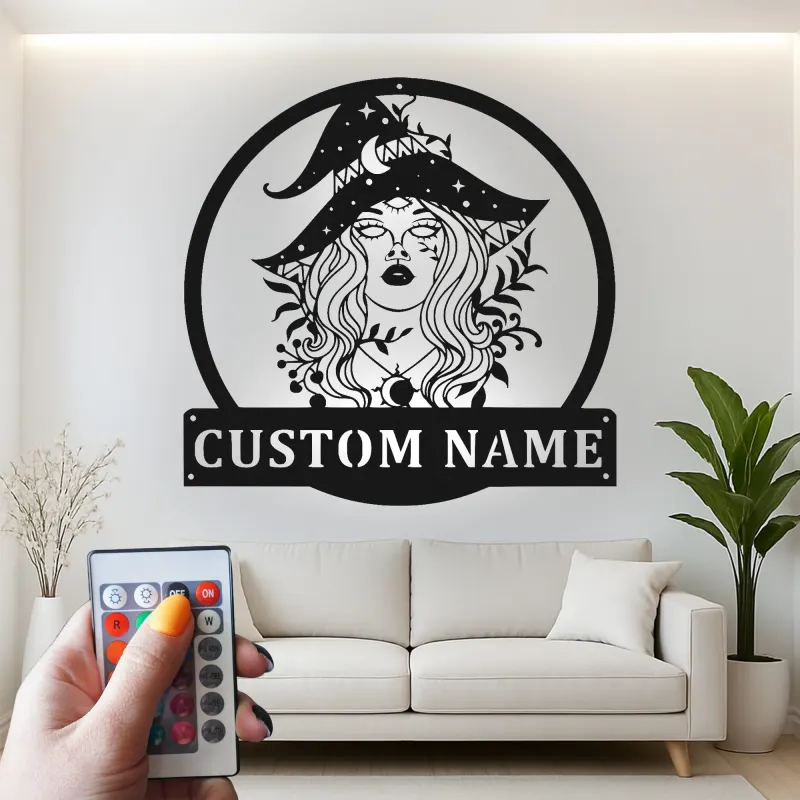 Cartel de metal personalizado con luz LED de bruja Regalo de Halloween personalizado Decoración encantadora para brujas