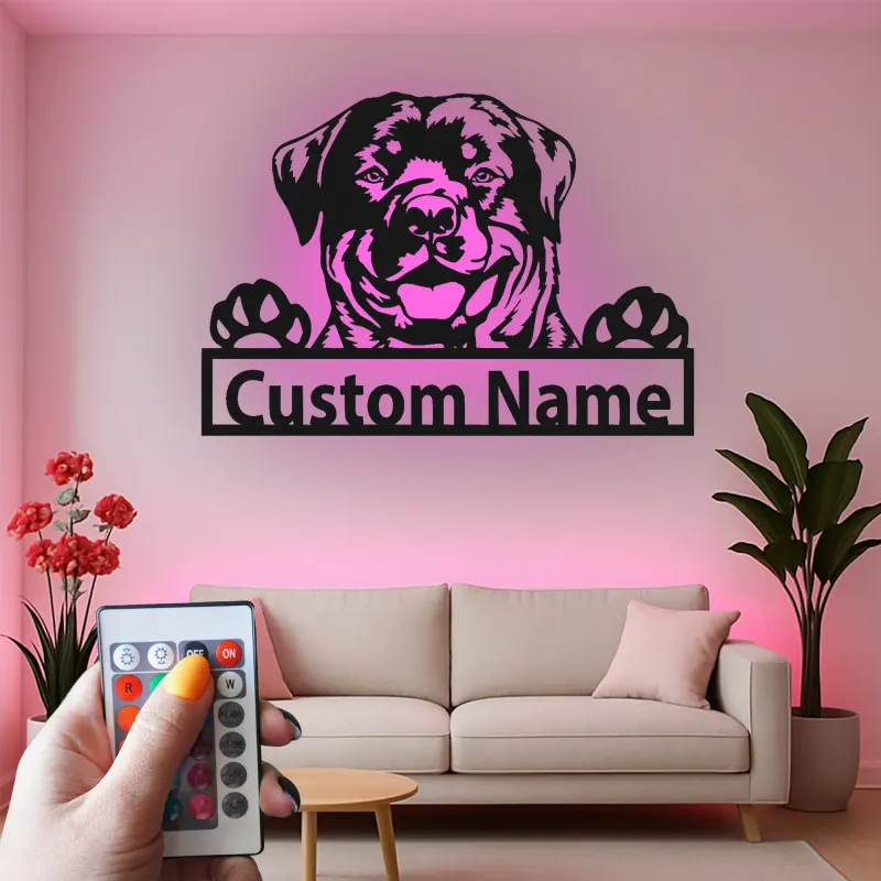 Insegna in metallo personalizzata con Rottweiler | Insegna con nome del cane con luce LED | Regalo per amanti degli animali e decorazione moderna per la casa