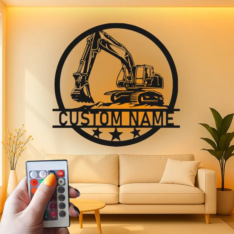 Décoration murale en métal LED personnalisée pour excavateur - Cadeau pour passionnés de construction, décoration de garage ou de bureau