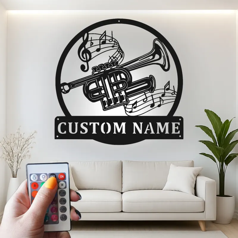 Cartel de metal LED personalizado de trompeta, regalo para músicos, decoración de sala de música