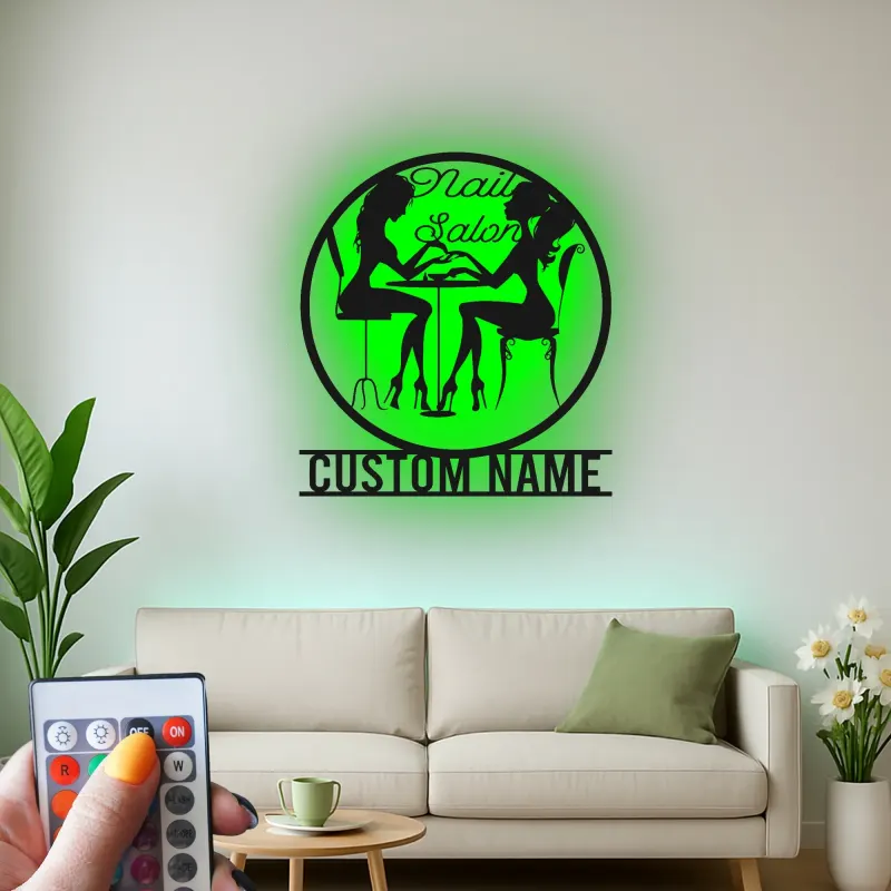 Cartel personalizado para salón de uñas | Decoración mural LED de metal para estudio | Silueta retroiluminada personalizada de técnica de uñas | Rotulación elegante para negocios
