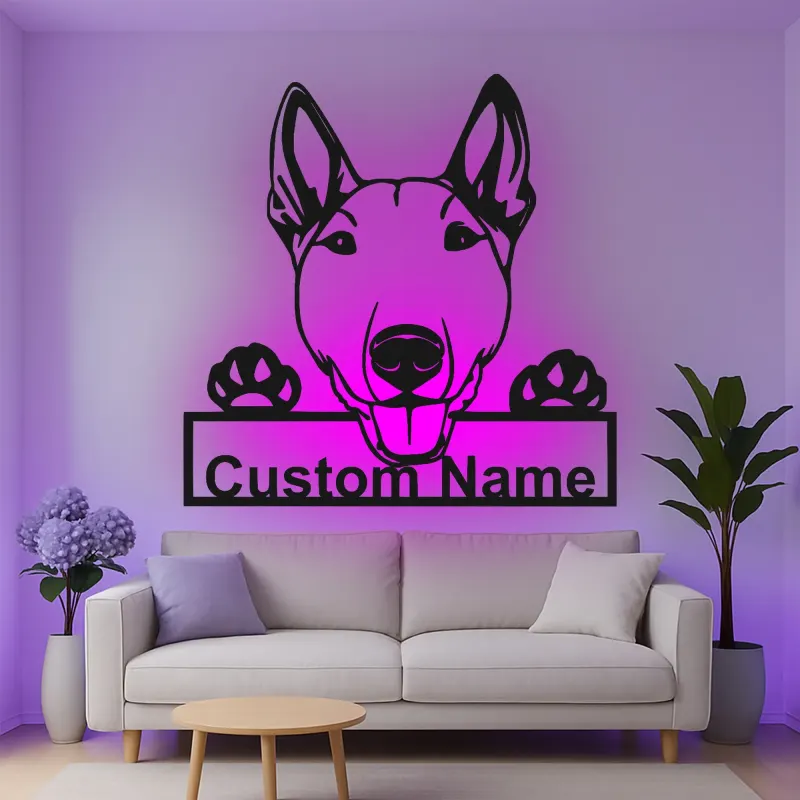 Décoration murale en métal personnalisée avec éclairage LED de Bull Terrier - Cadeau pour amoureux des chiens, décoration pour animaux de compagnie dans le salon