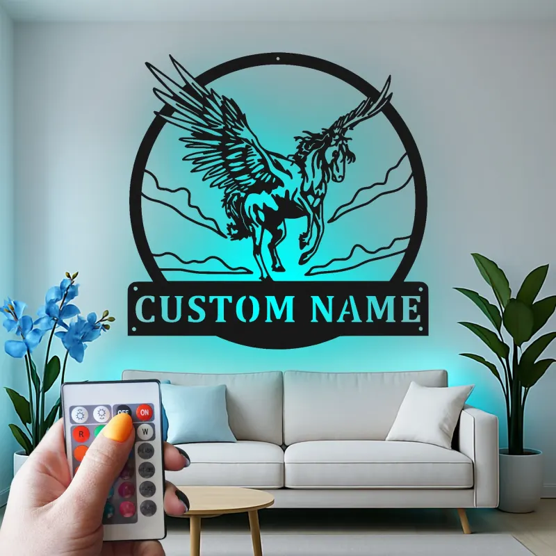 Décoration murale en métal LED Pégase | Enseigne de nom personnalisée pour nursery & chambre | Décor de cheval ailé mythique | Cadeau pour amateur de fantasy