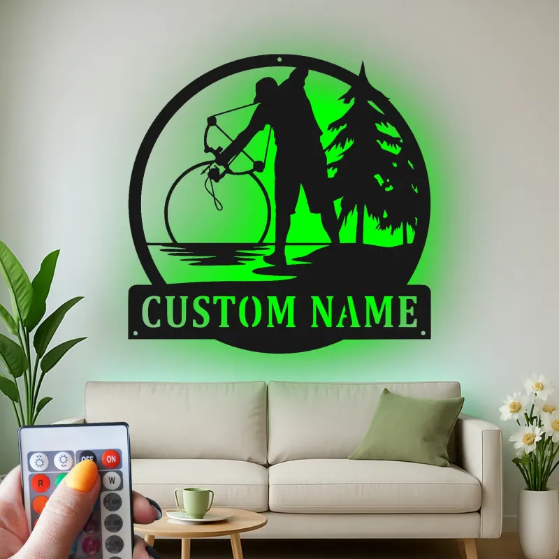 Custom Bow Hunter Led Light Metal Wall Art Personalized Gift for Archery Enthusiasts Rustic Cabin Decor