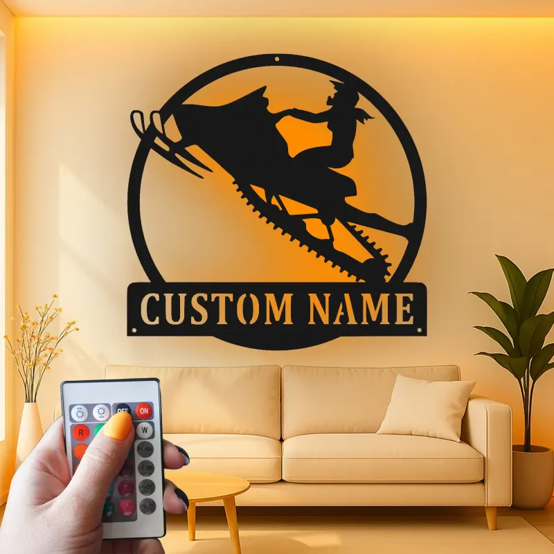 Custom Snowmobile LED Metal Sign | Personalized Rider Silhouette Wall Art | Winter Sports Decor Gift