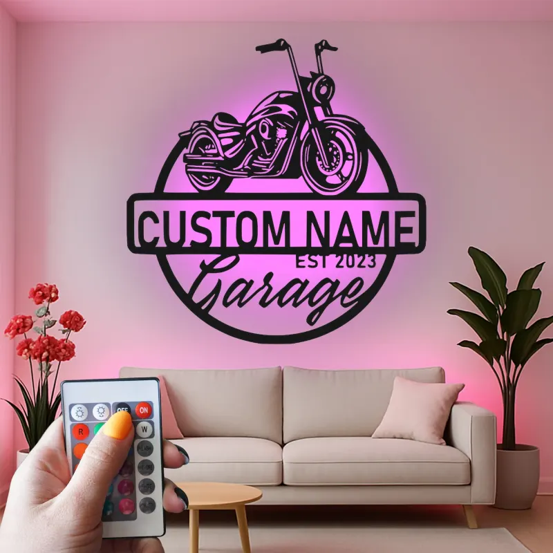 Panneau LED Moto Personnalisé | Décor Garage Biker Personnalisé | Art Mural Métallique pour Man Cave | Cadeau pour Lui