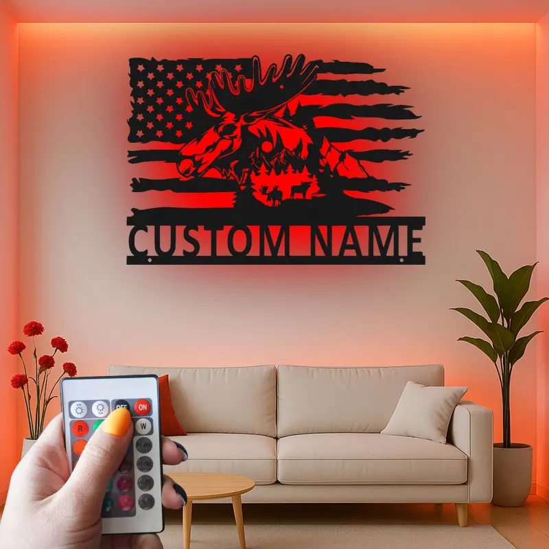 Custom Moose and American Flag Led Light Metal Wall Art Unique Gift for Nature Lovers Cabin Wall Decor
