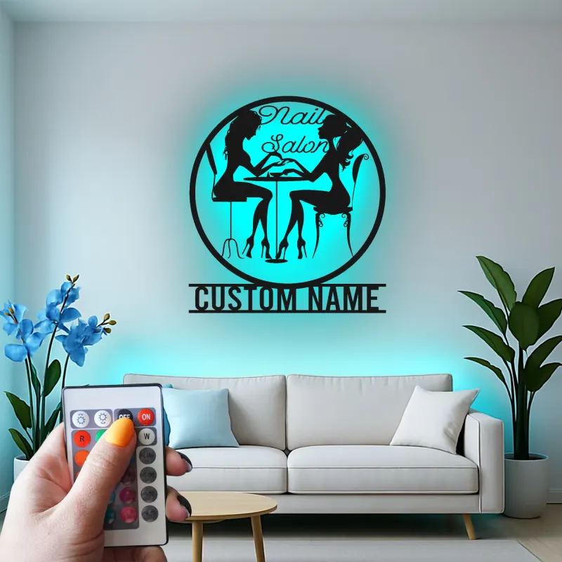 Cartel personalizado para salón de uñas | Decoración mural LED de metal para estudio | Silueta retroiluminada personalizada de técnica de uñas | Rotulación elegante para negocios