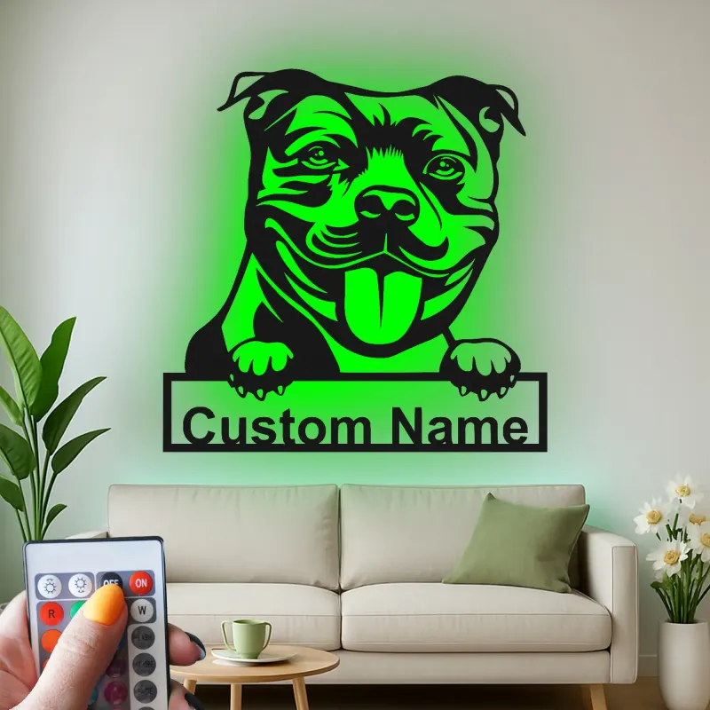 Insegna LED personalizzata con pitbull | Insegna in metallo con cane | Decorazione realistica con ritratto del pet | Regalo originale per amanti delle razze bully