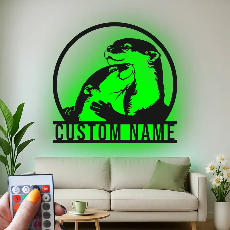 Insegna LED personalizzata con lontra | Arte murale in metallo personalizzata per nursery | Decorazione silhouette animale selvatico | Regalo per amante delle lontre